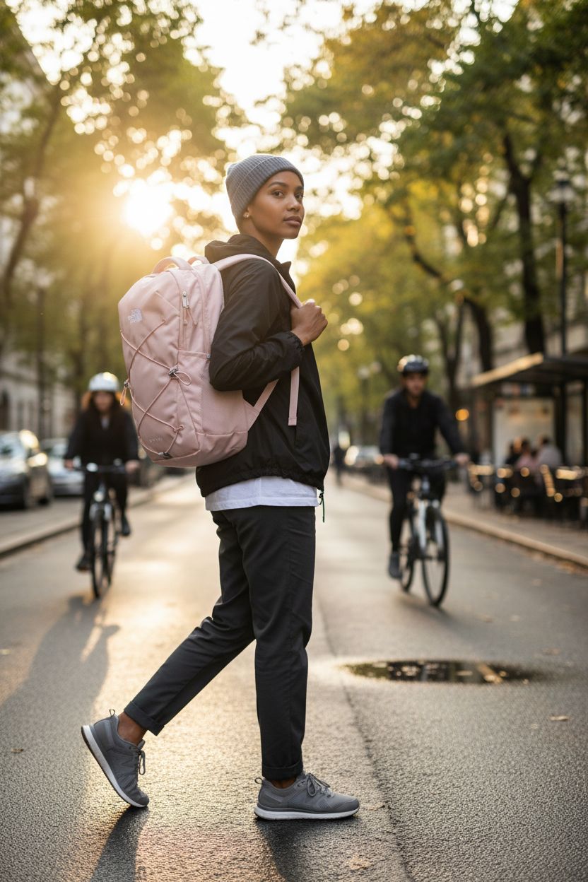 Pink Moss THE NORTH FACE Women's Jester backpack on tree-lined street with cyclists in motion.
