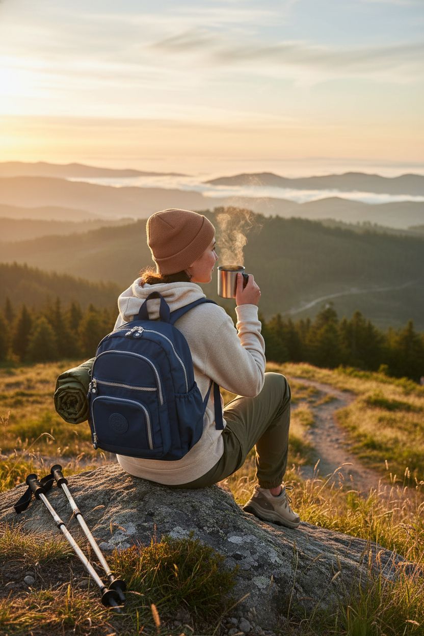 Vendra Moka Mini Hiking Backpack Purse in deep navy on a rocky overlook, perfect for outdoor adventures with a sleek design.