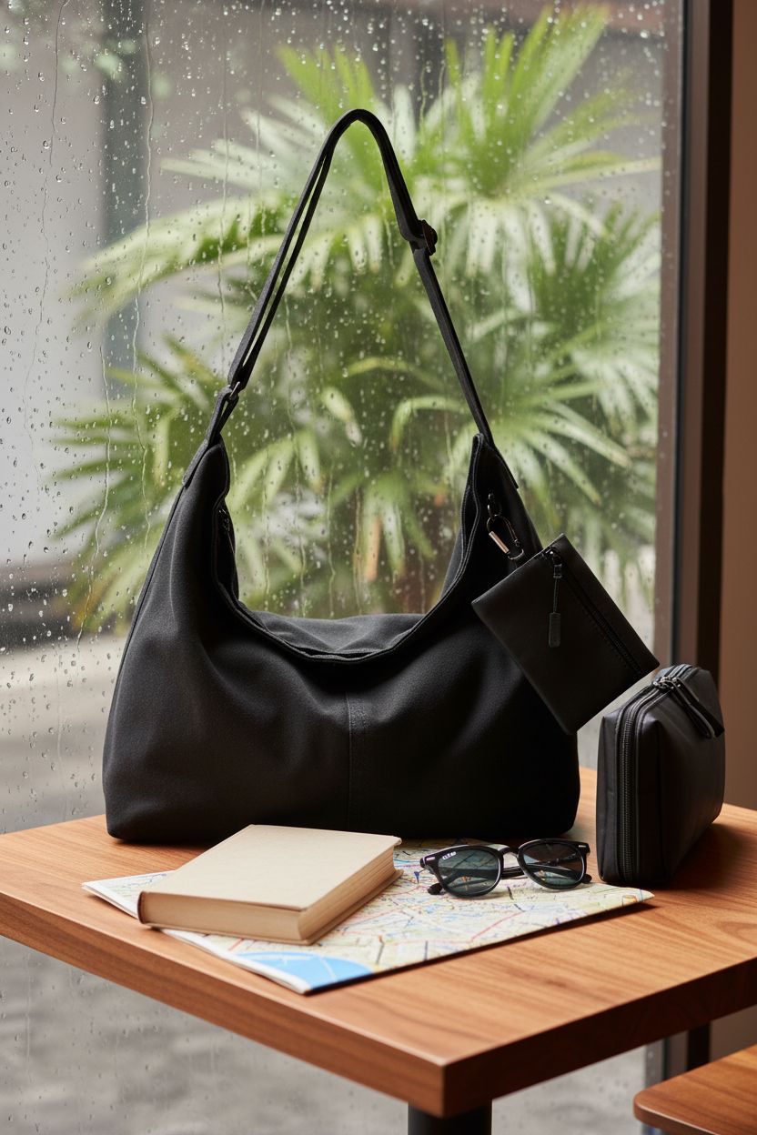 Cozy setting with Abbylike black canvas bag on a table, showcasing its design and texture.