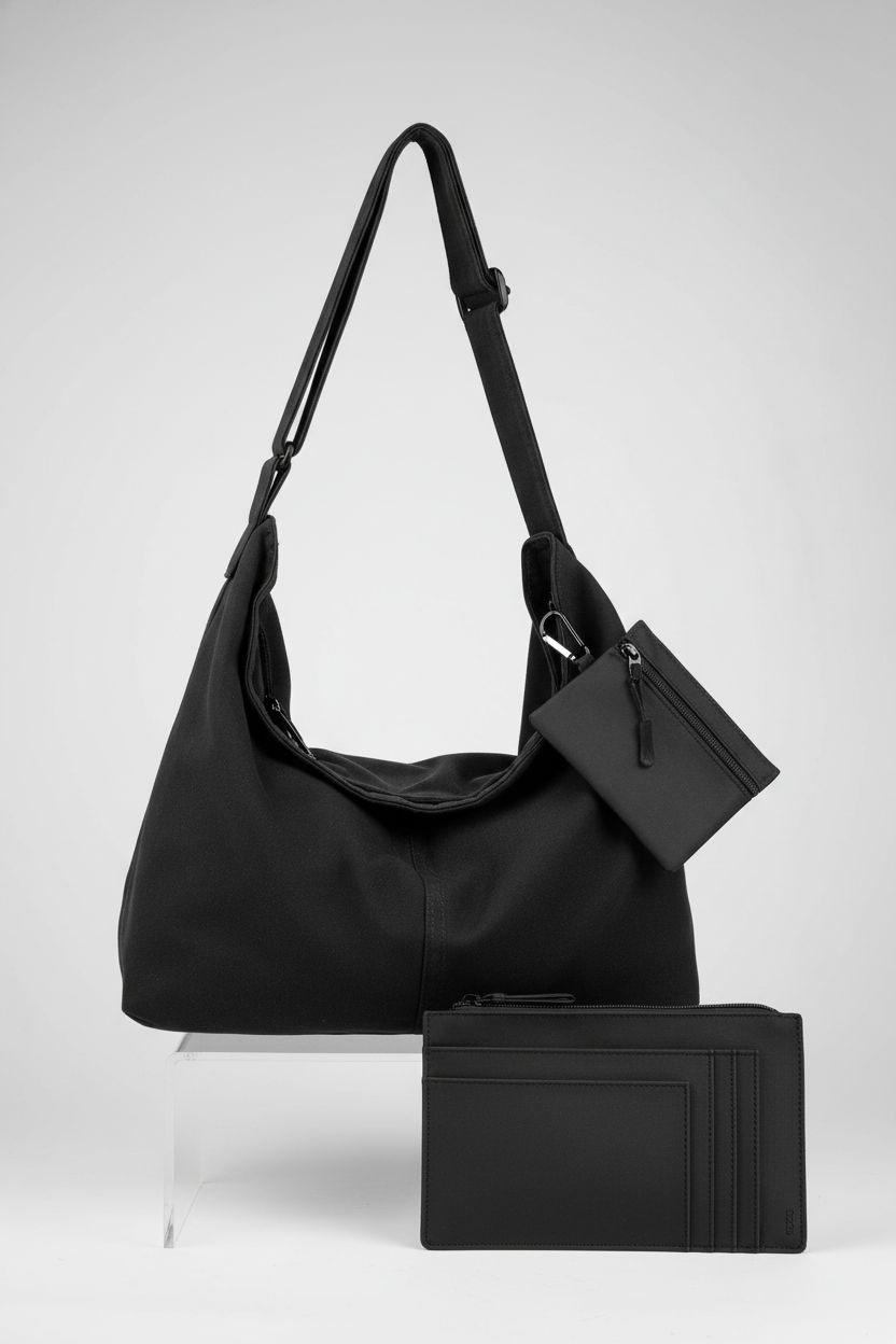 Abbylike black canvas crossbody bag displayed on a studio set, highlighting its elegant design.
