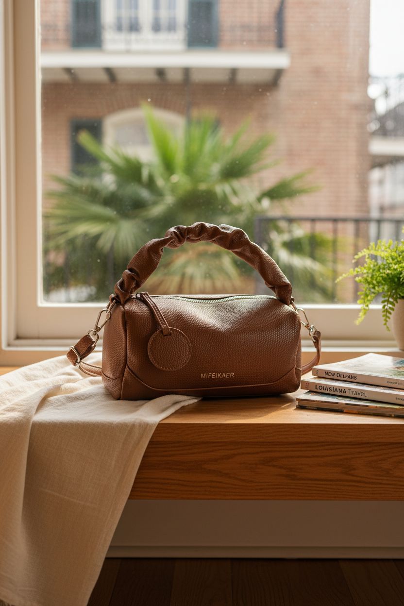 ZOCILOR barrel purse resting in a boutique hotel, evoking a serene vibe.