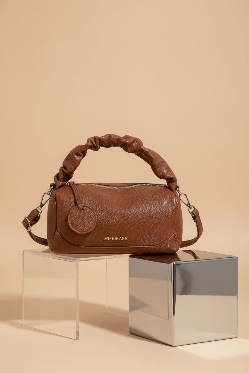 Product shot of ZOCILOR barrel purse highlighting pebbled texture and design.