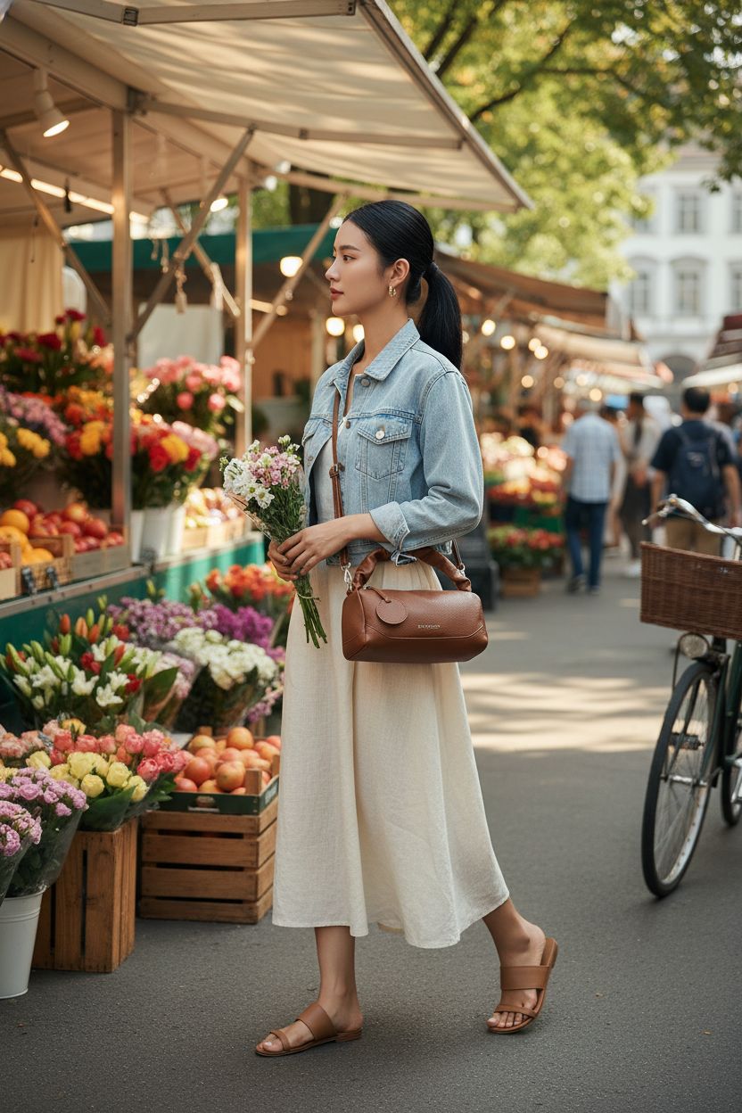 ZOCILOR women's soft PU leather barrel purse at a farmer's market, styled casually.