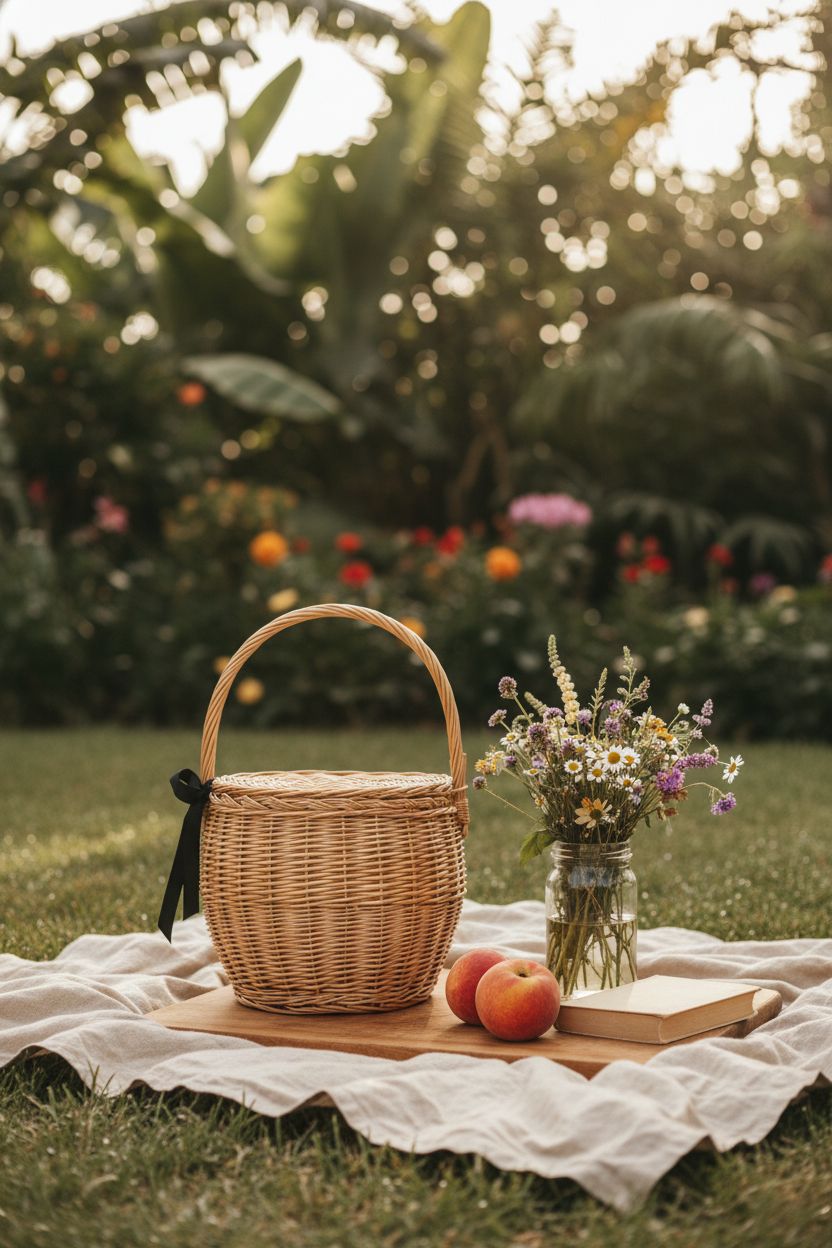 Miuco wicker basket bag resting on a picnic throw in a botanical garden, perfect for outdoor gatherings.