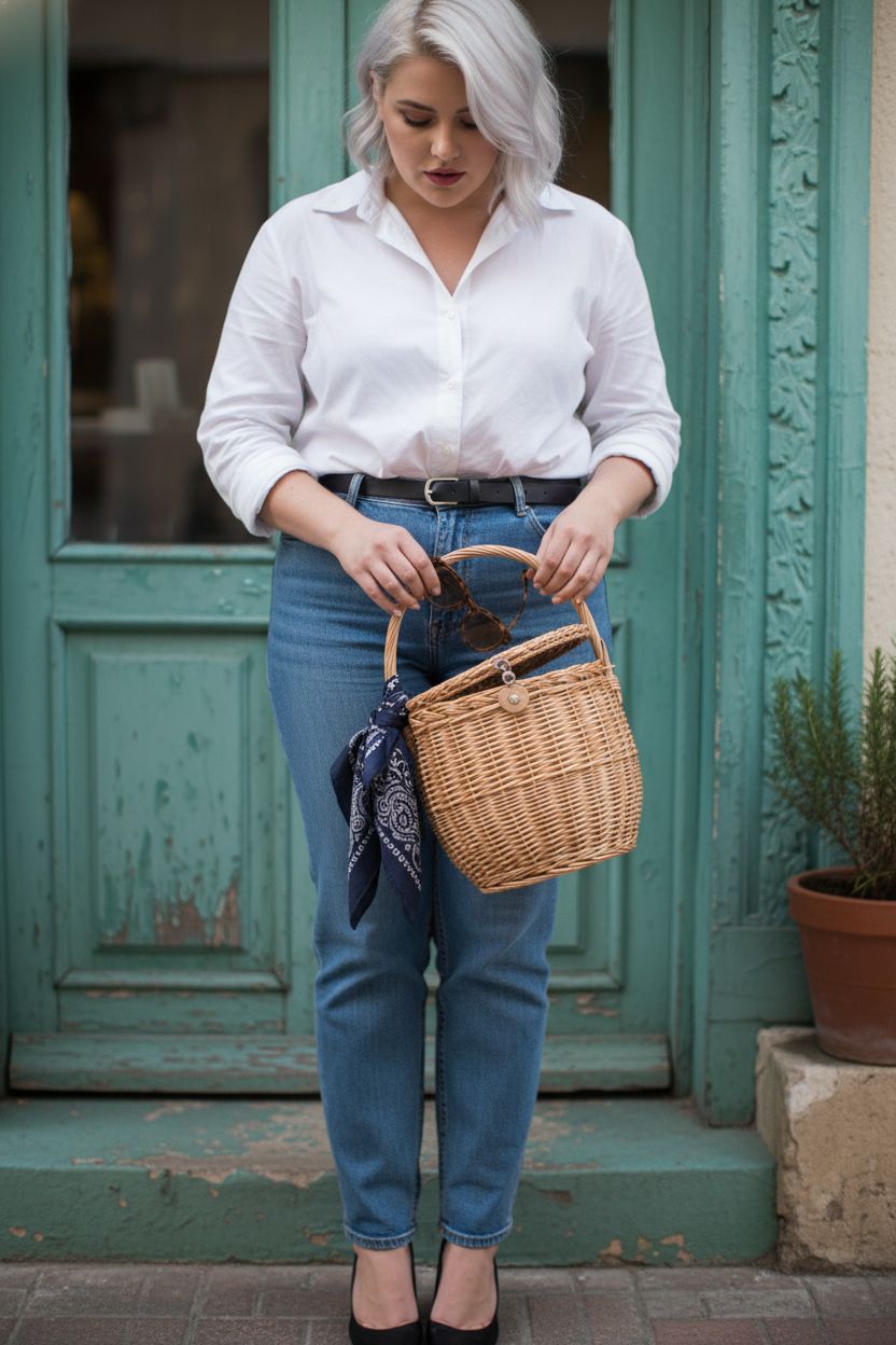 Miuco handmade wicker basket bag with lid, stylishly displayed near a teal café doorway, perfect for summer outings.