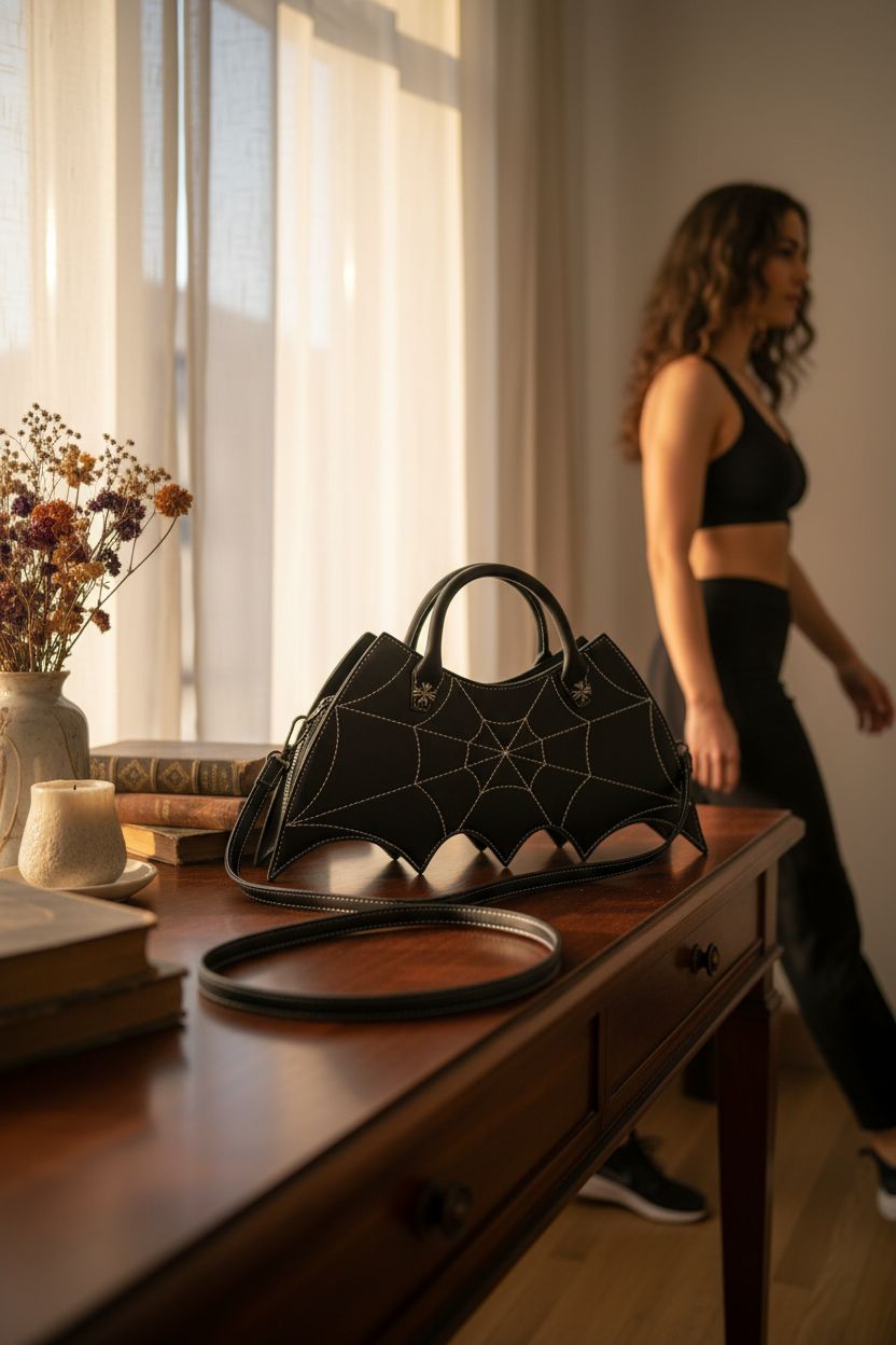 Ondeam bat handbag elegantly displayed on a console, highlighting its gothic design and quality material.