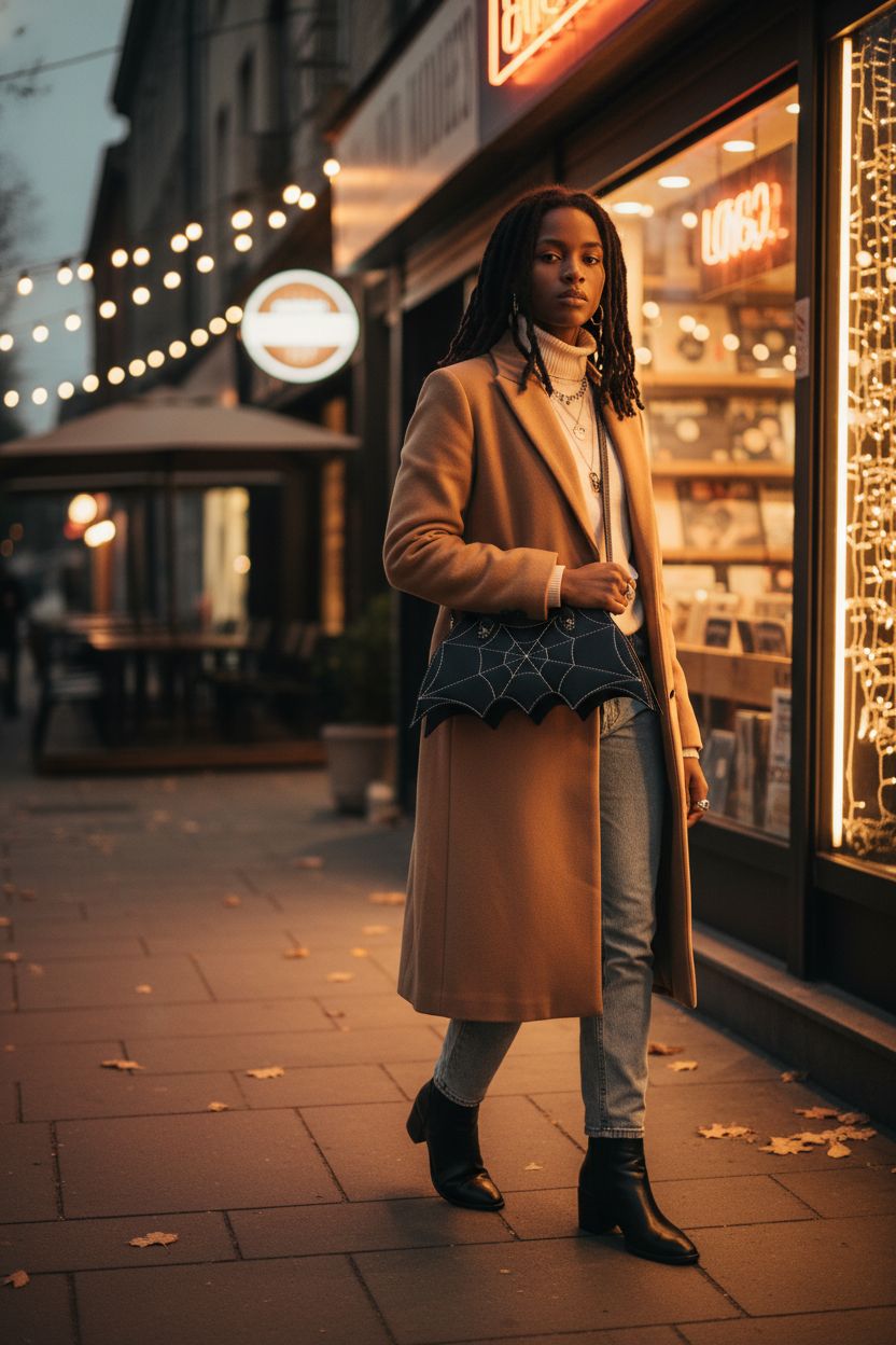Ondeam bat wing shoulder bag showcased in a vintage storefront setting, perfect for night outings.