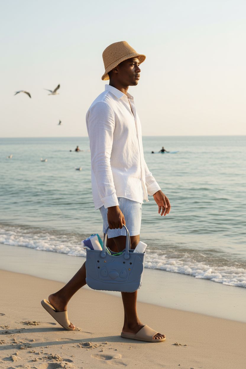 Lilo & Stitch blue EVA tote by Bioworld swinging with towel and sunscreen on beach.