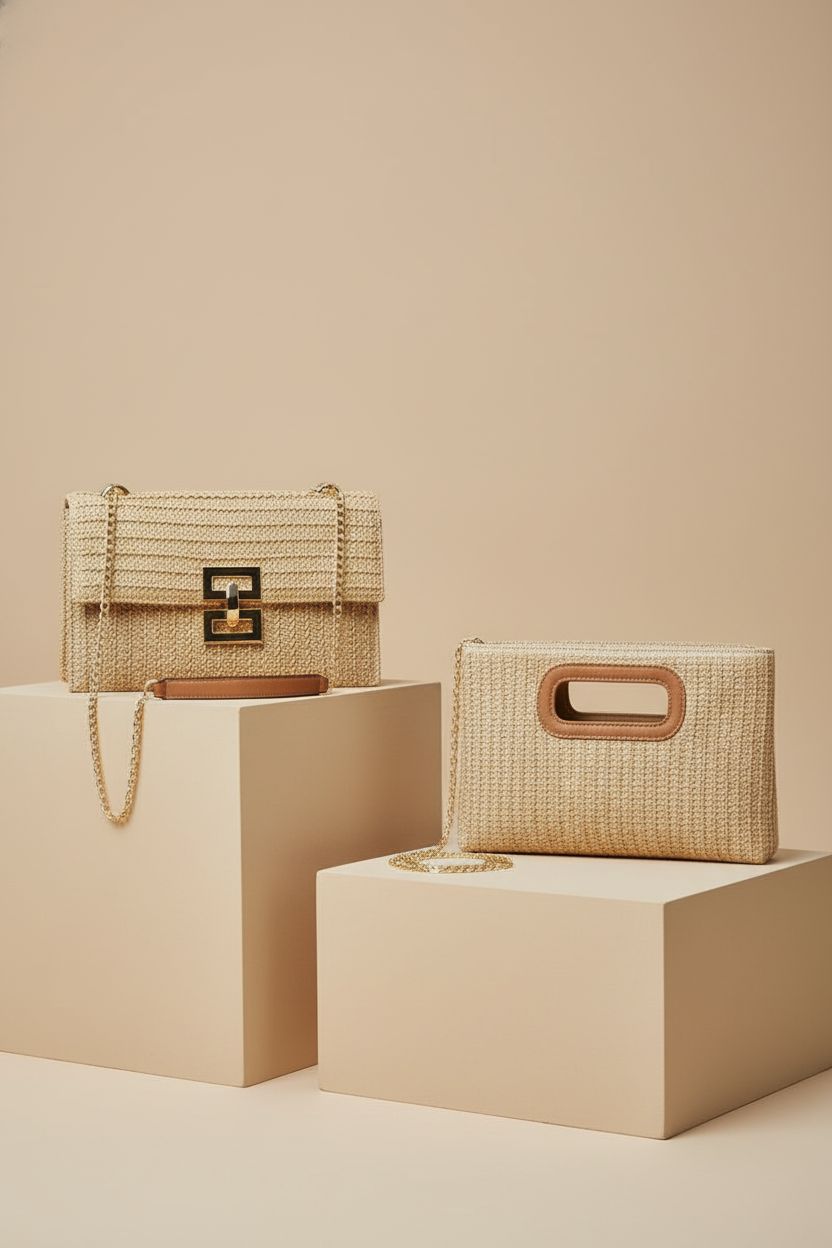 Garvee dual-pack woven straw purses showcasing locks and handles, ideal for weddings and events.