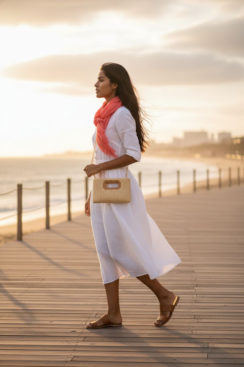 Garvee straw purse worn crossbody on a beach promenade, ideal for vacations and sunny days.