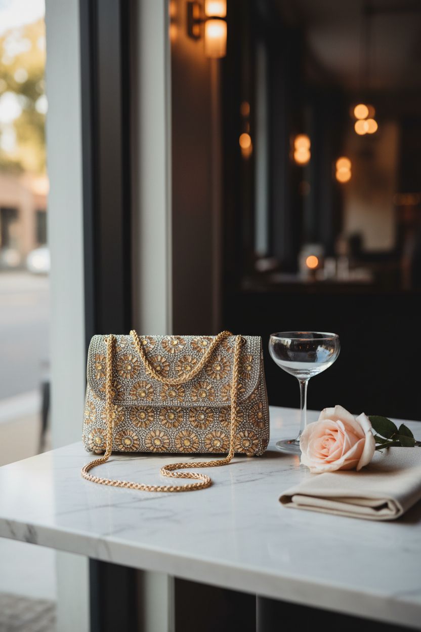 BBTT.ful beaded bag on marble table next to a rose and cocktail, capturing intimate lounge vibes.