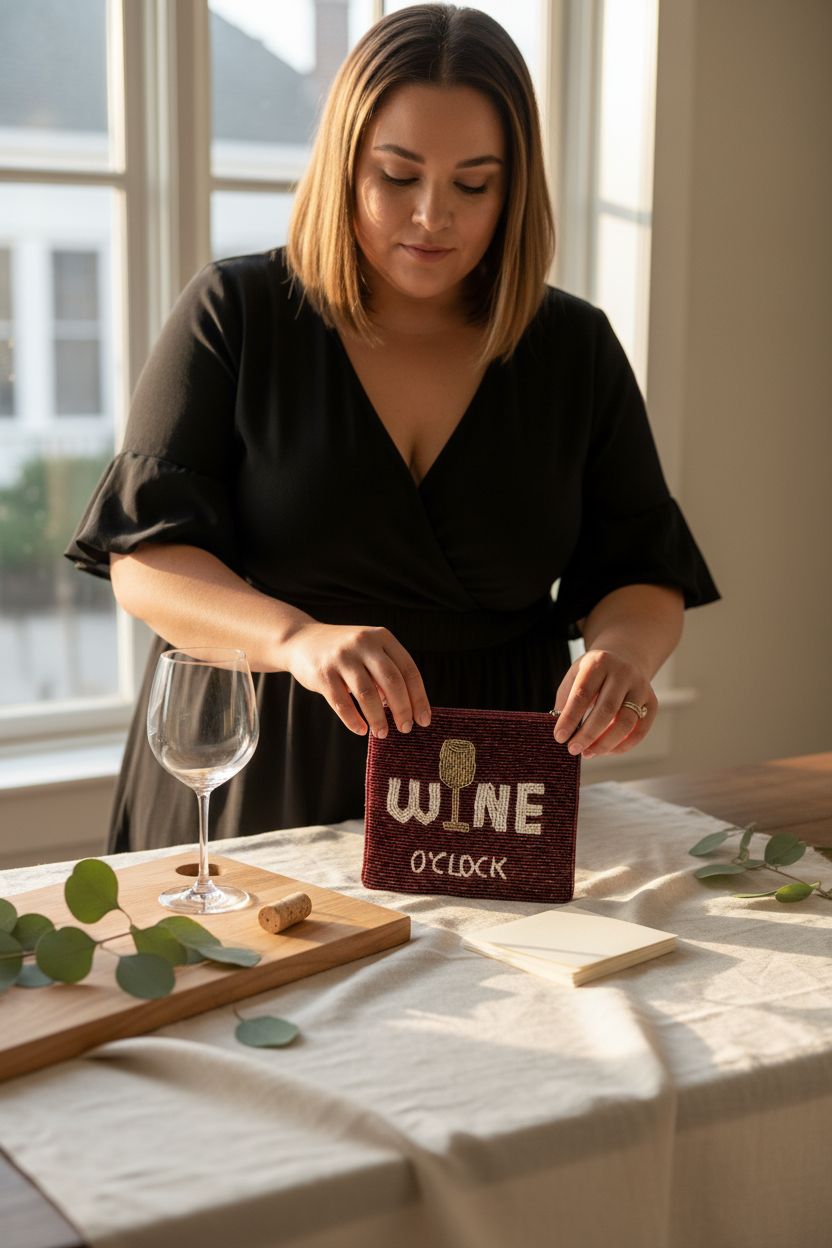 TWINE AND LOVE Wine O'Clock beaded pouch beside a charcuterie board, perfect for notes.