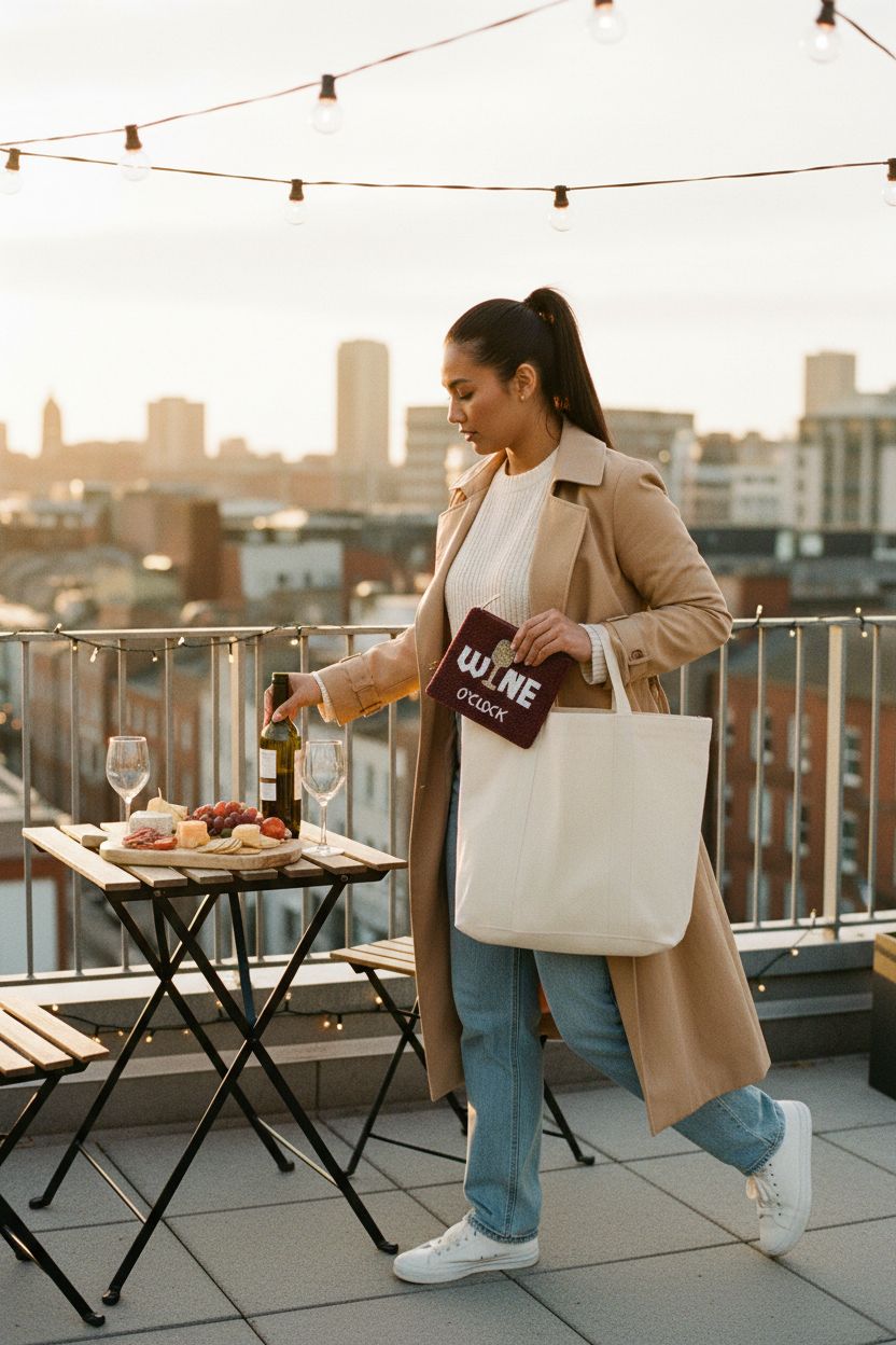 Wine O'Clock beaded coin purse by TWINE AND LOVE on a rooftop, perfect for snacks.