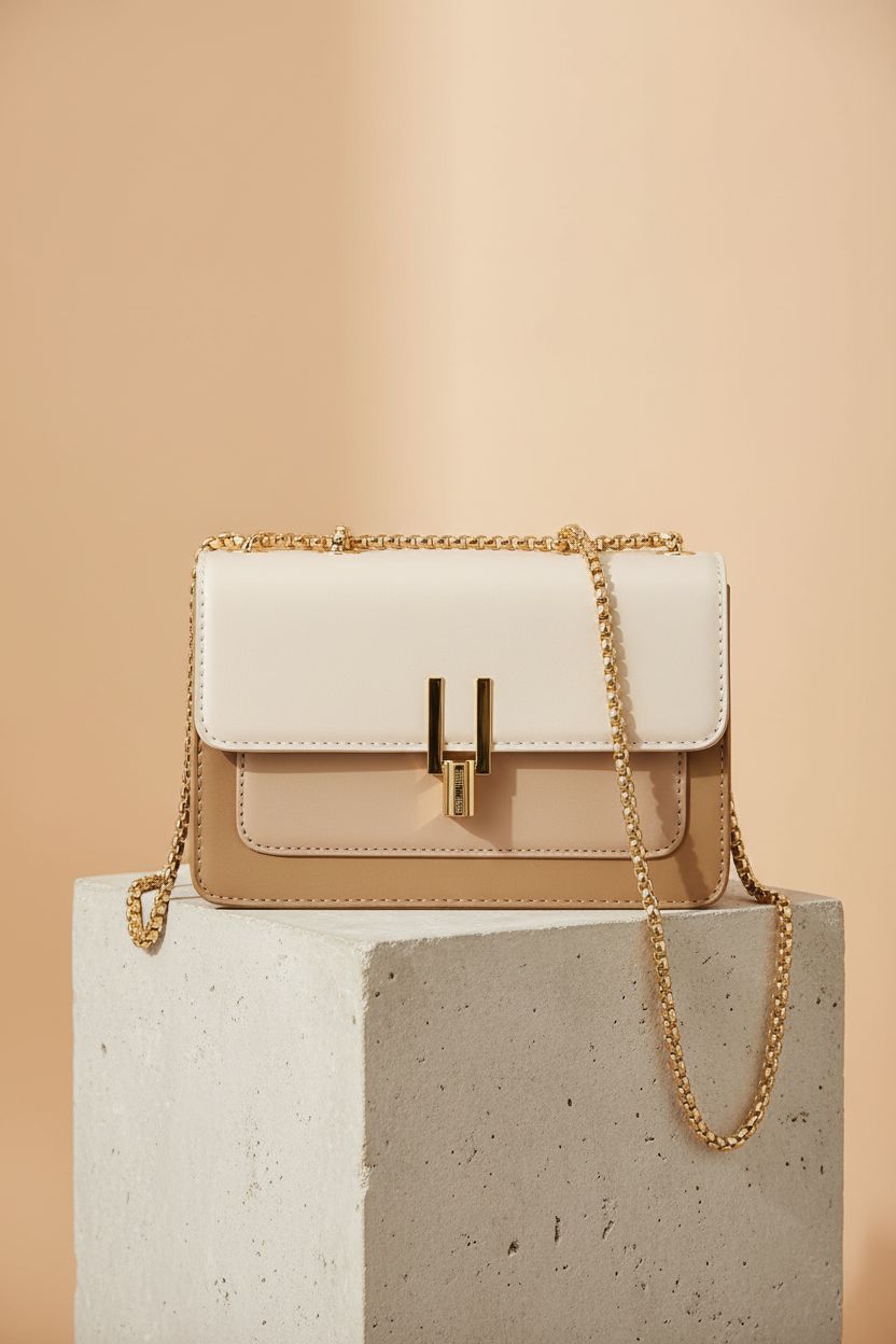 TOP BAND faux leather beige bag showcased on a minimal stone pedestal.