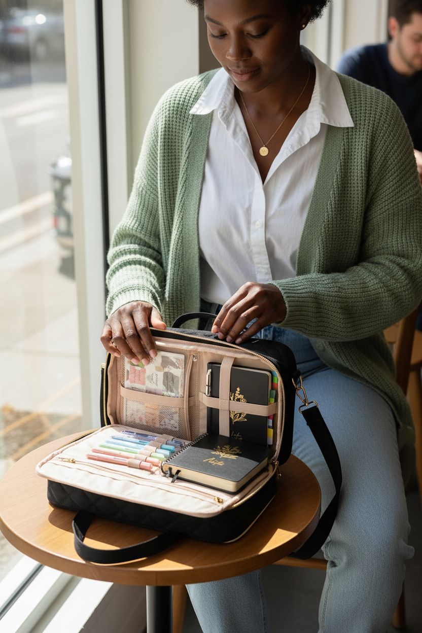 PUGPIU black quilted Bible bag on a café table, showcasing zippers and quilting