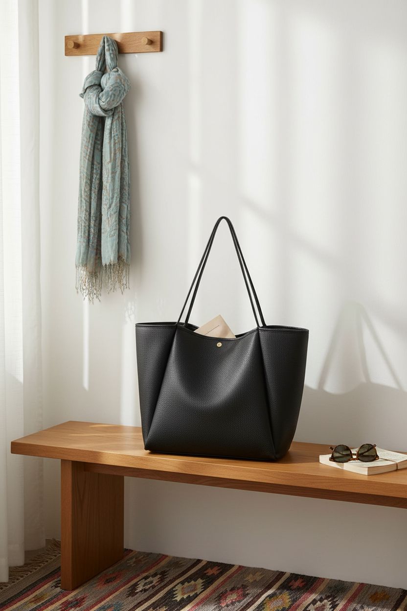 HOXIS oversized black tote resting on an oak bench, complemented by cozy home decor elements