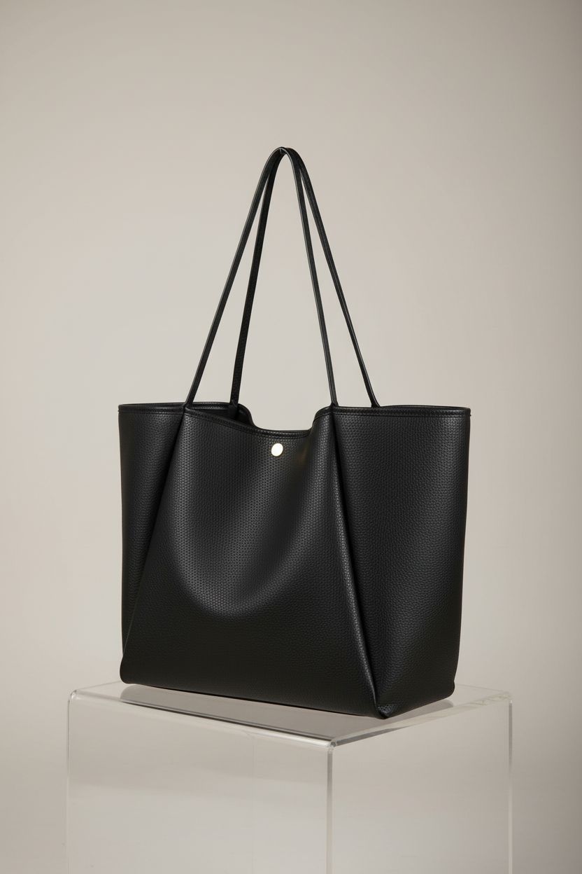 Product shot of HOXIS oversized black PU leather tote against a light backdrop, highlighting design details