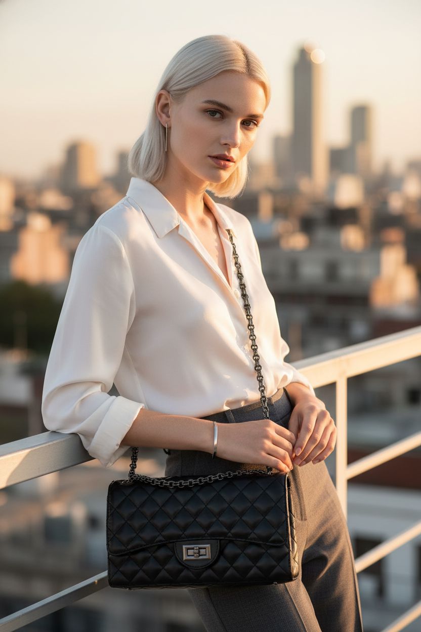 Elegant Gladdon black quilted crossbody purse with silver chain, showcased on a rooftop at golden hour.