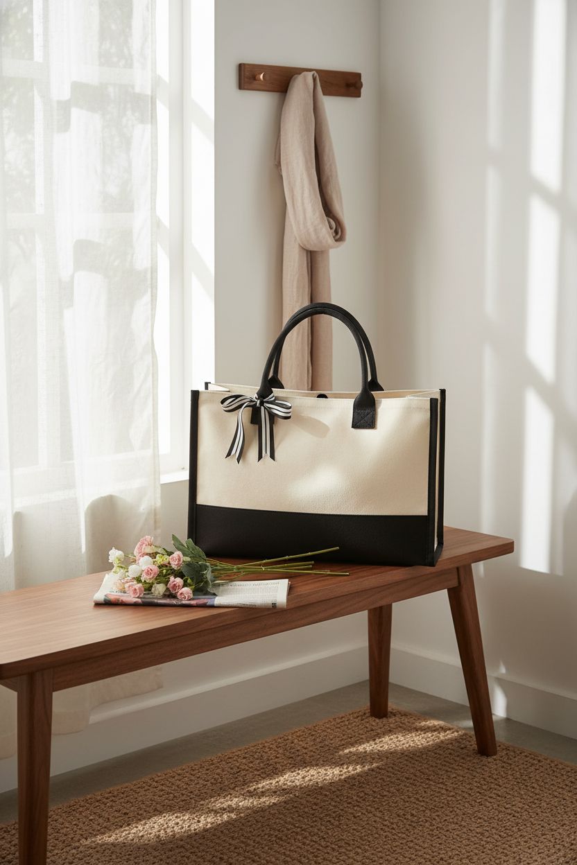 TOPDesign black and white tote bag on a warm walnut bench next to a bouquet