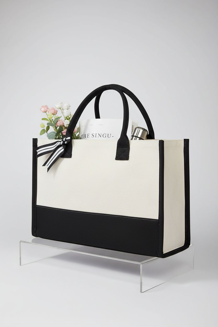 TOPDesign Classic black and white tote bag showcasing its sturdy canvas details