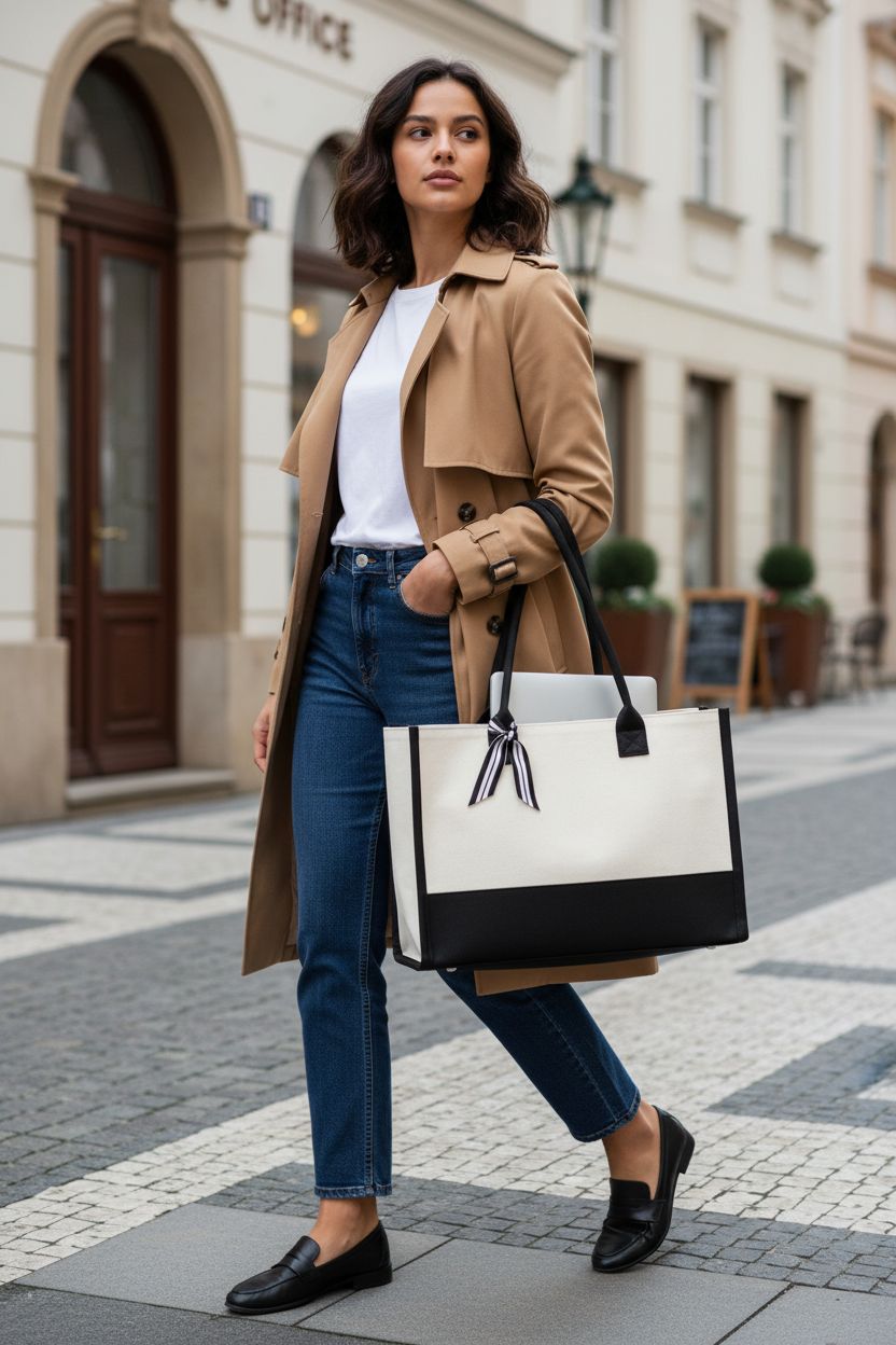 TOPDesign Classic black and white cotton canvas tote bag held with a laptop and planner
