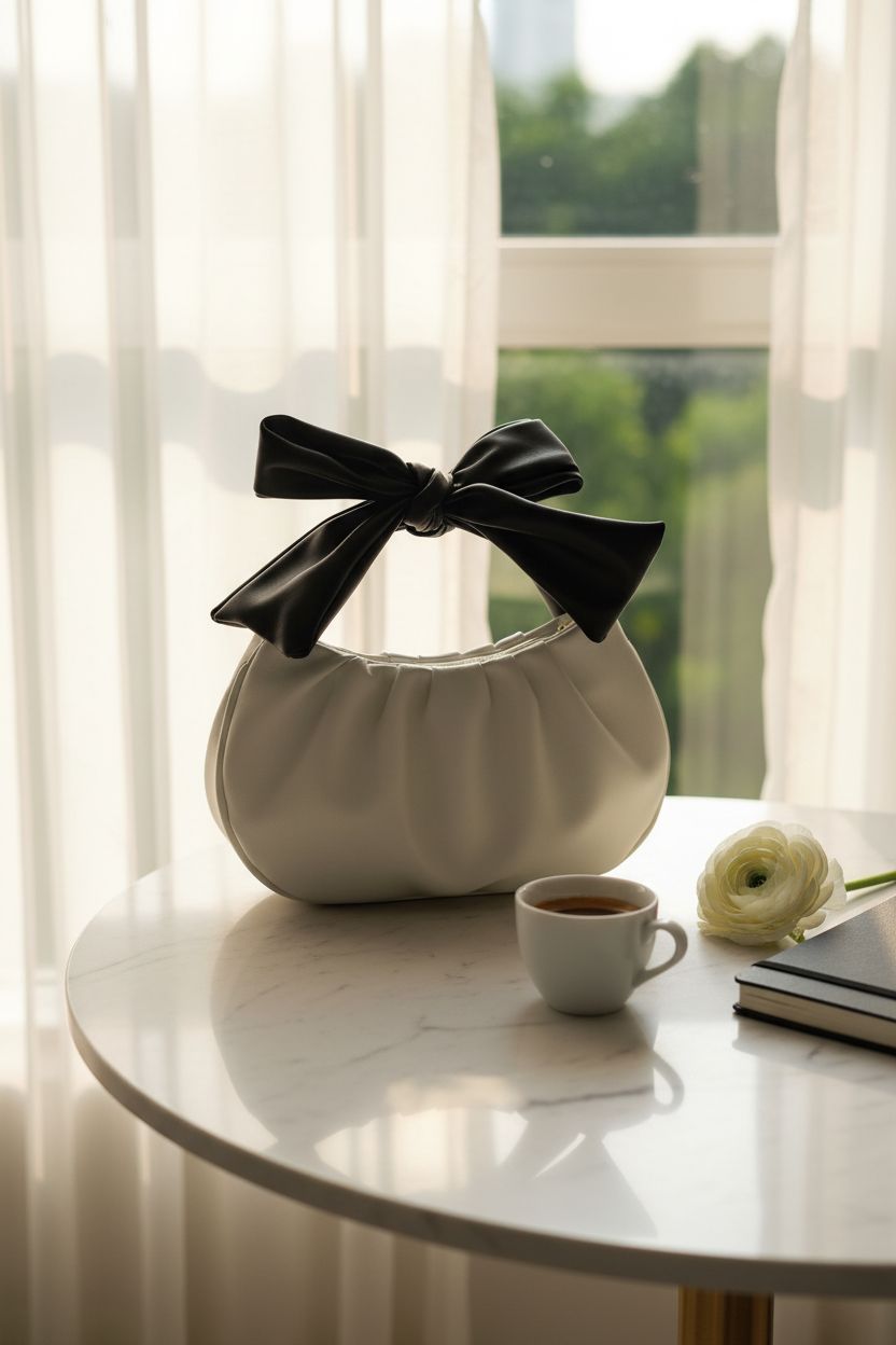 Elegant Verdusa black and white purse on a marble table, complemented by an espresso and flowers.
