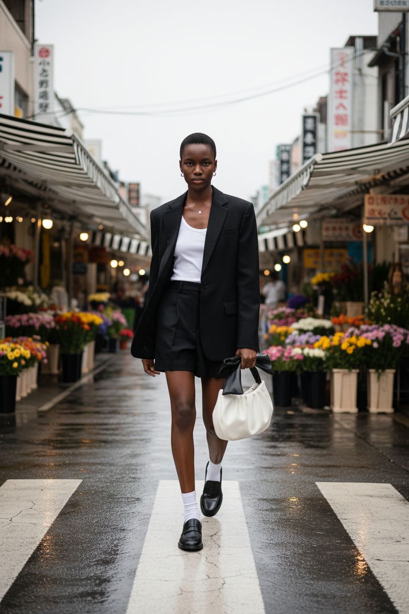 Stylish Verdusa black and white ruched hobo handbag with bow handle in a vibrant market setting.