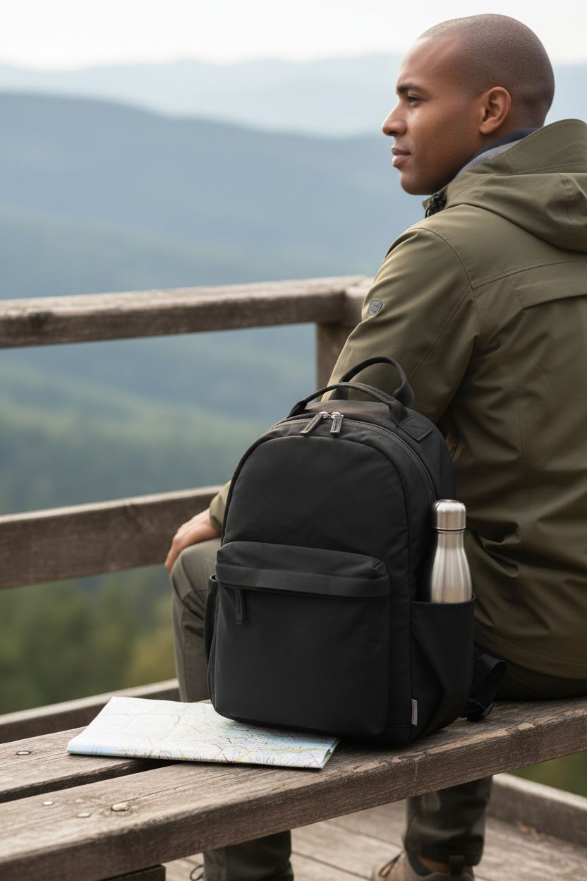 G4Free black backpack purse resting on a wooden bench during a scenic hike.