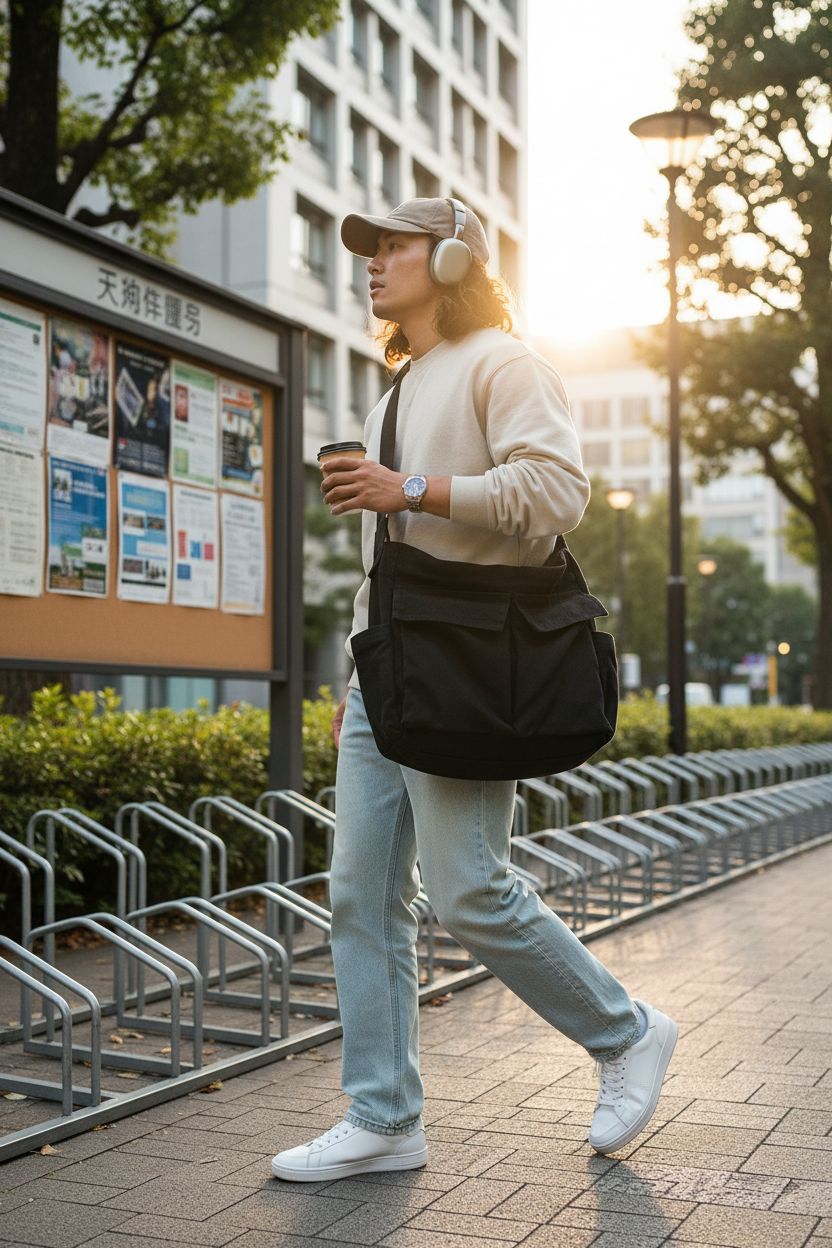 GAXOS vintage black canvas messenger bag worn crossbody during morning commute
