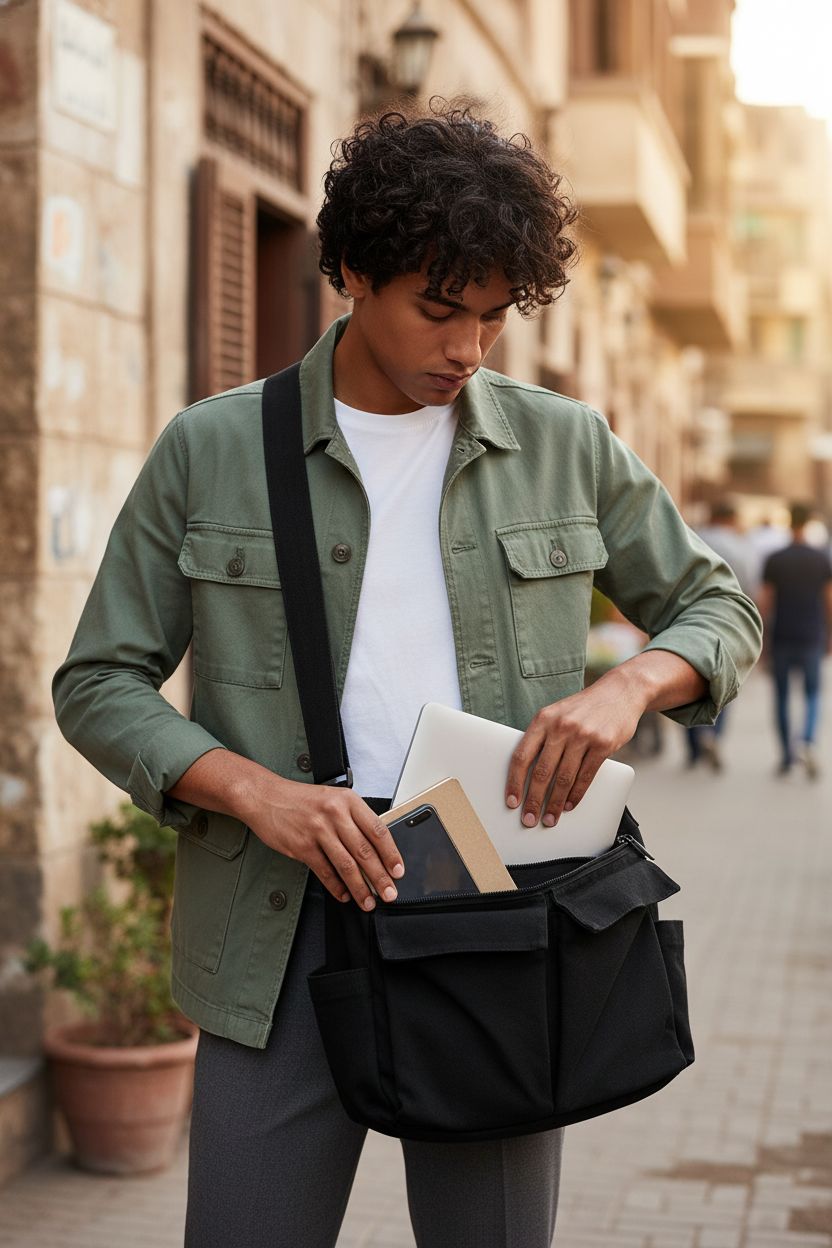 GAXOS black canvas messenger bag opened to reveal laptop and notebook outdoors