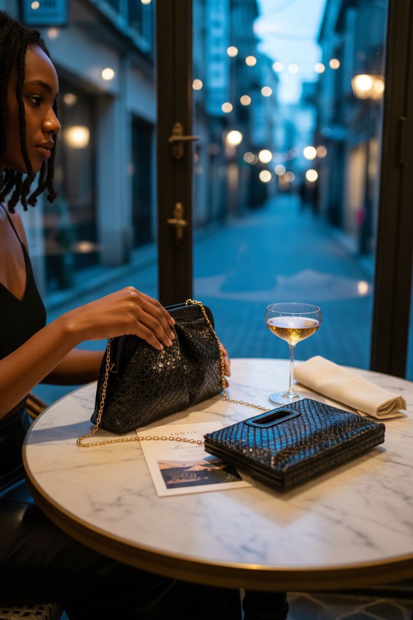 Garvee black clutch on a marble table with a coupe glass and invitation