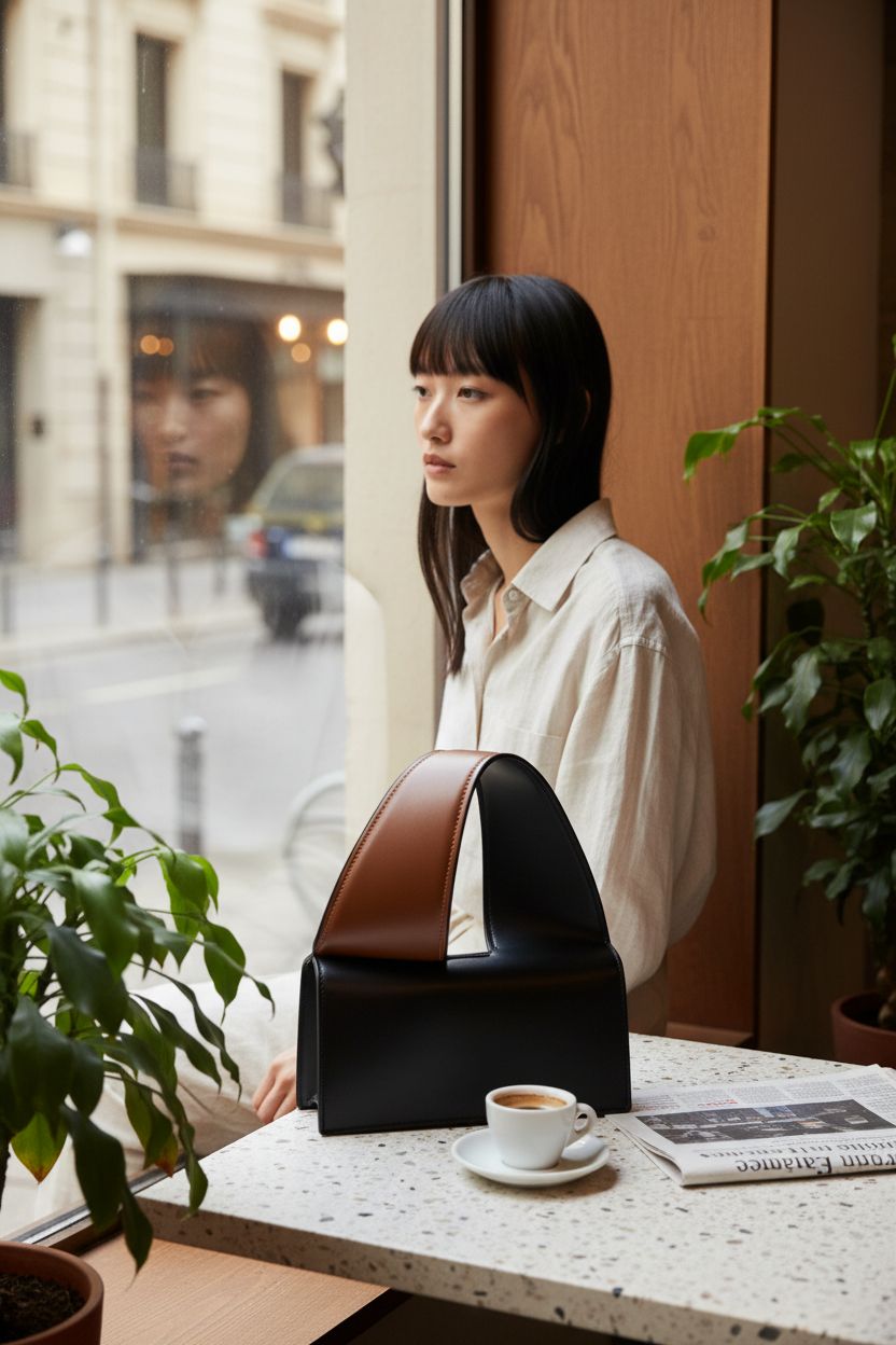 QHMCEXG black crossbody purse on a café table, next to espresso and newspaper.