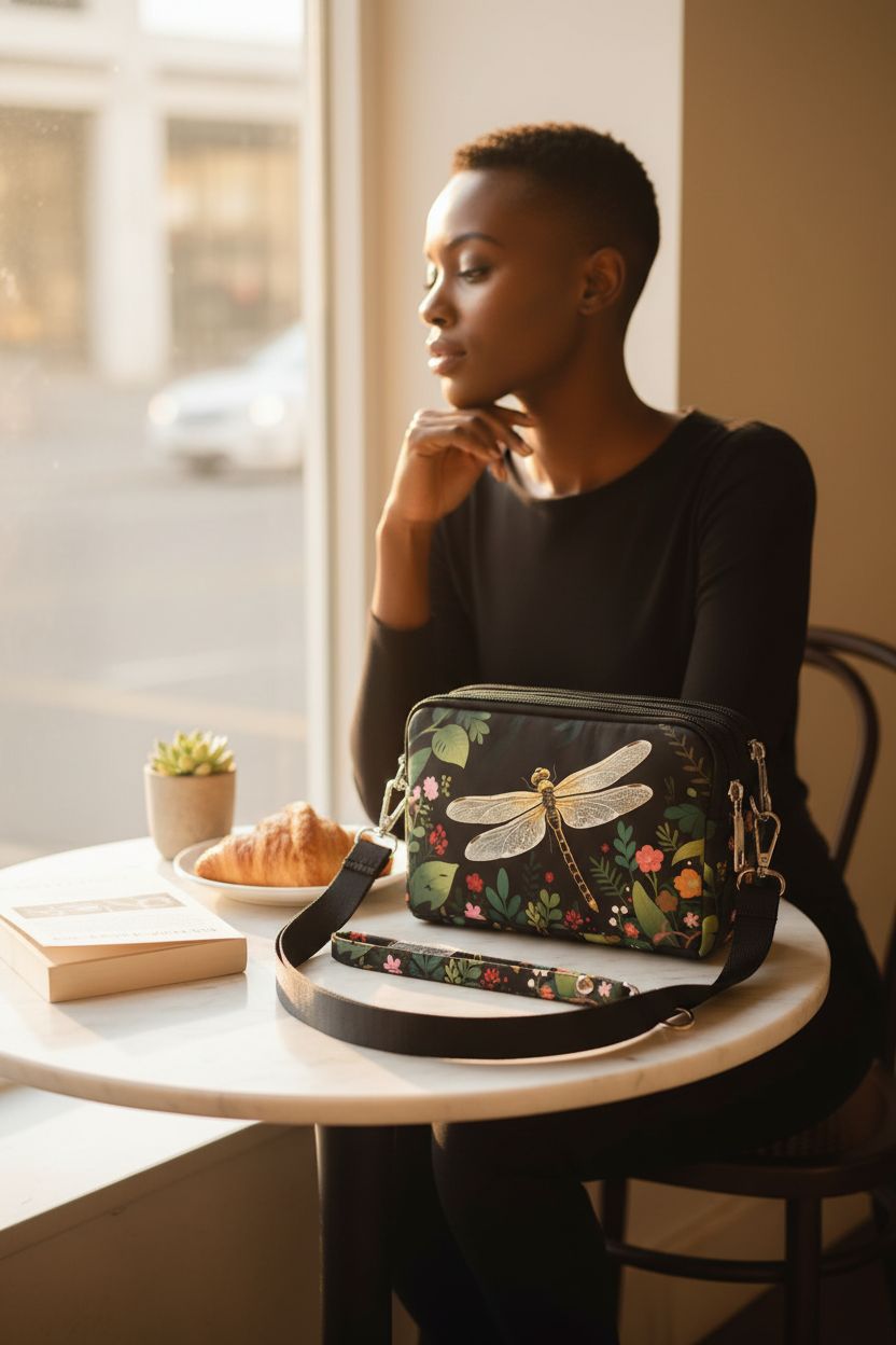 Cozy setting with YINHEXI black crossbody purse on a marble table with a book.
