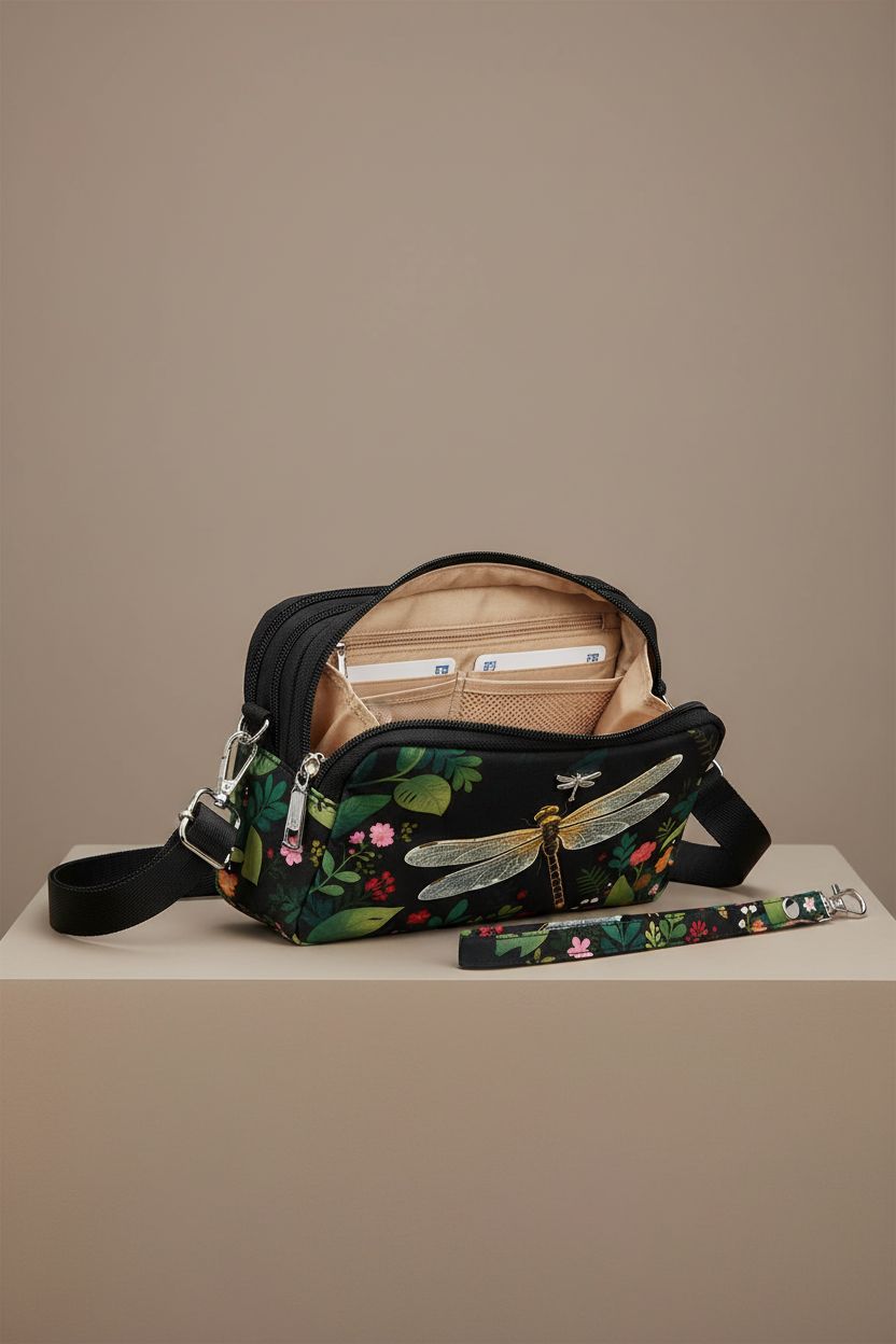 Product shot of YINHEXI black dragonfly crossbody purse showcasing zippers and compartments.