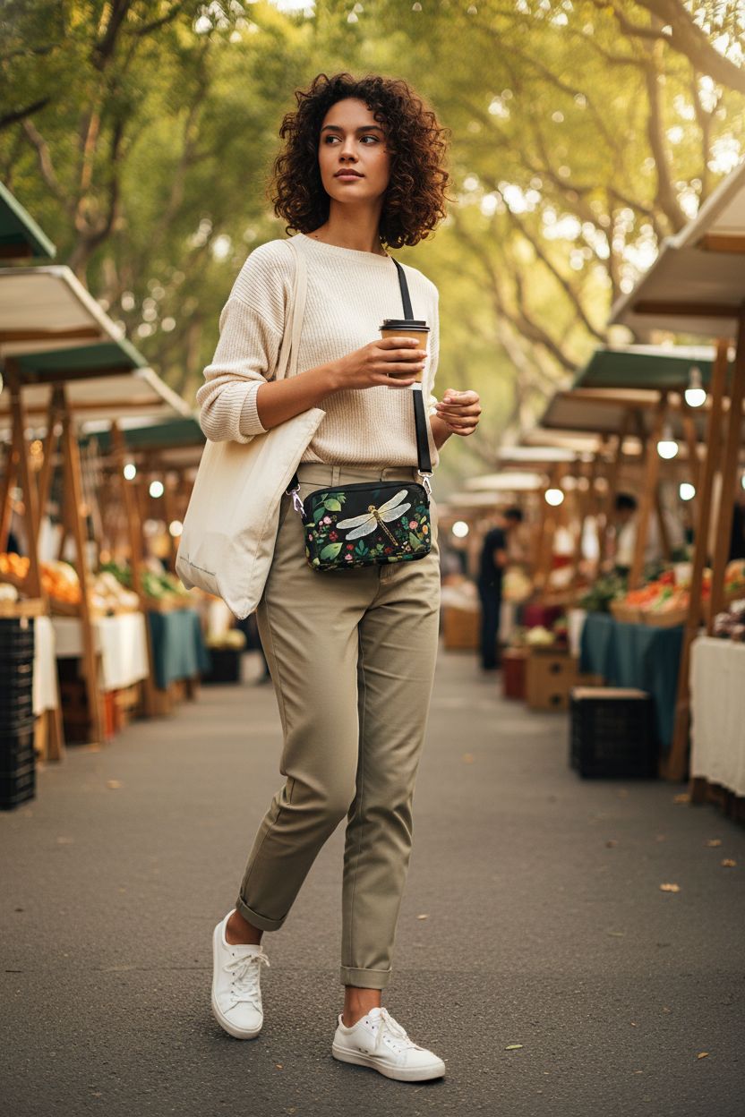 Stylish black dragonfly crossbody purse by YINHEXI at a vibrant farmer's market.