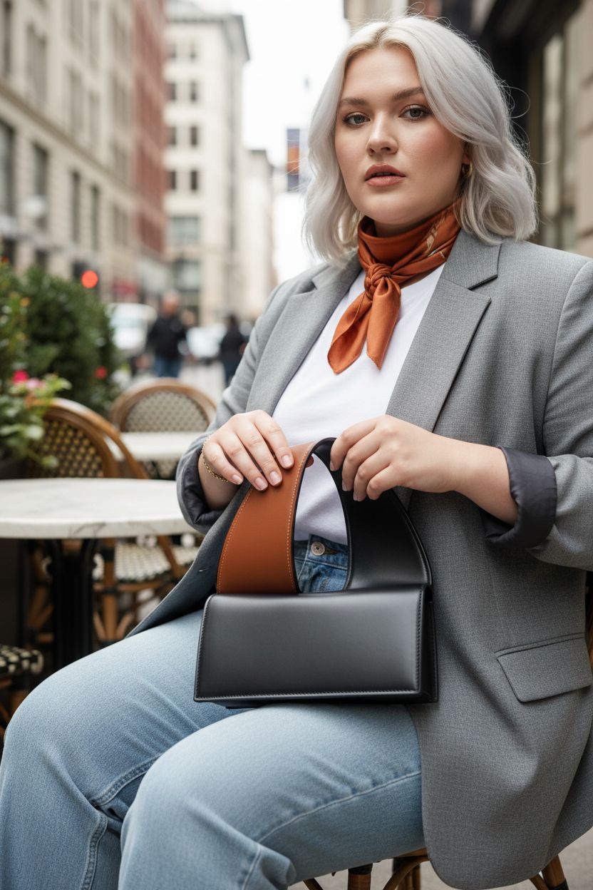 QHMCEXG Women's black vegan leather crossbody bag styled with a blazer and jeans.