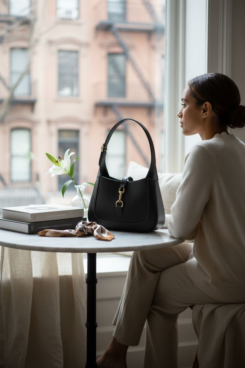 Elegant black shoulder bag by Apryl, styled with art books and a vase.
