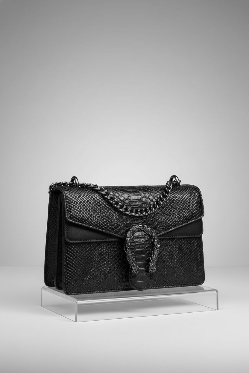 Close-up of MYHOZEE black designer purse highlighting luxurious snake embossing and chain