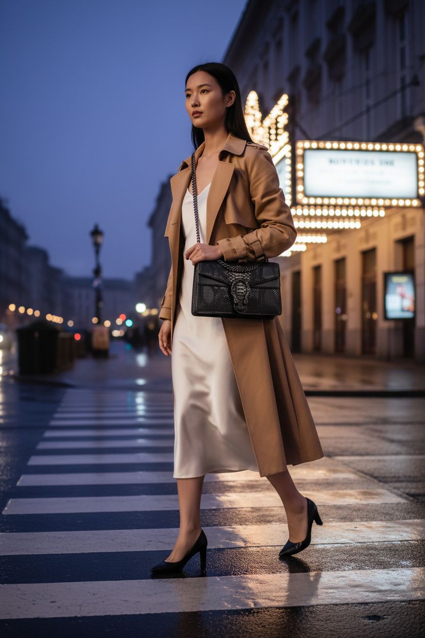 Black snake-embossed MYHOZEE crossbody bag in chic urban setting with evening ambiance