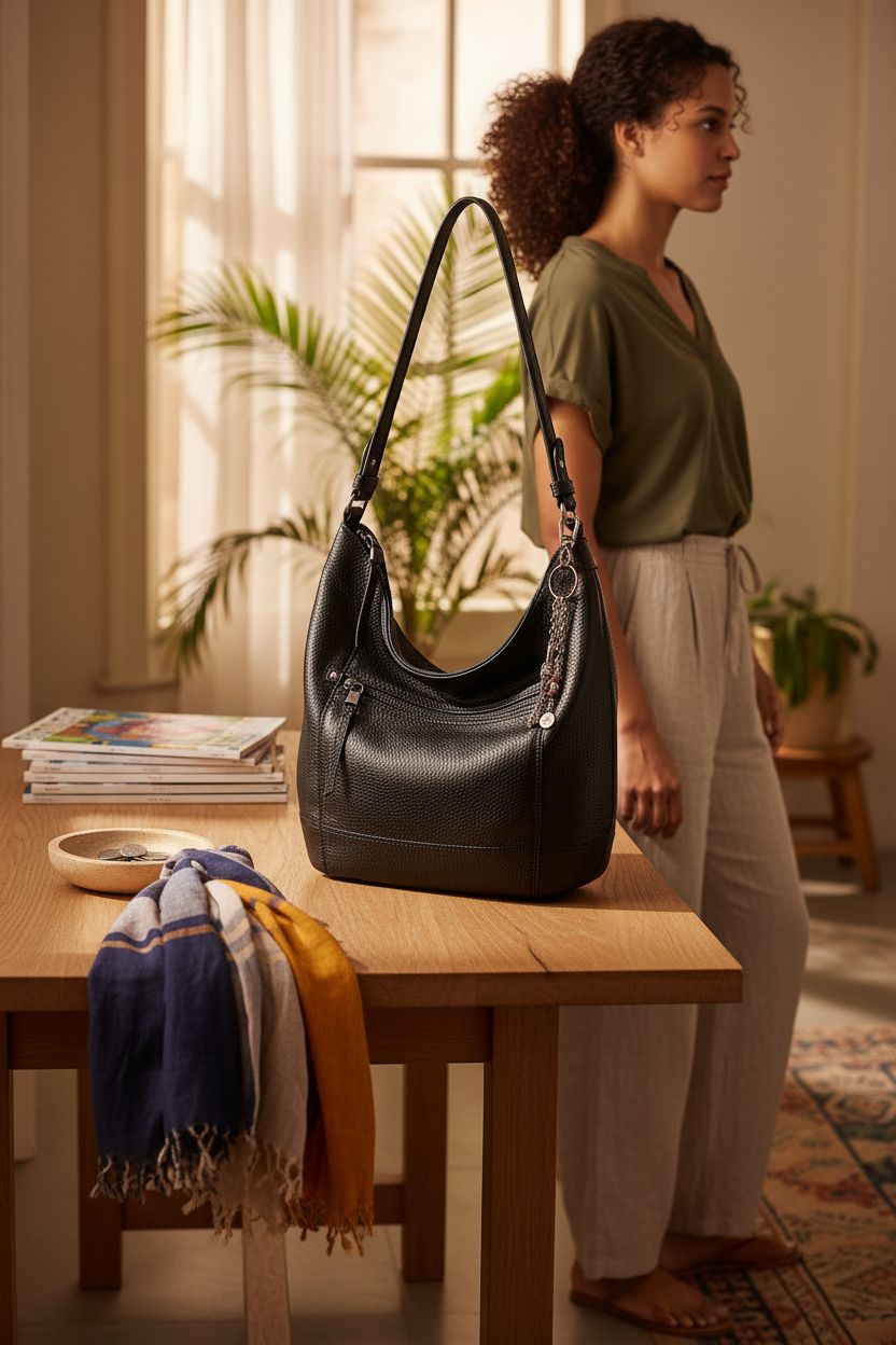 The Sak black hobo bag displayed in a warm entryway, highlighting its pebbled leather.