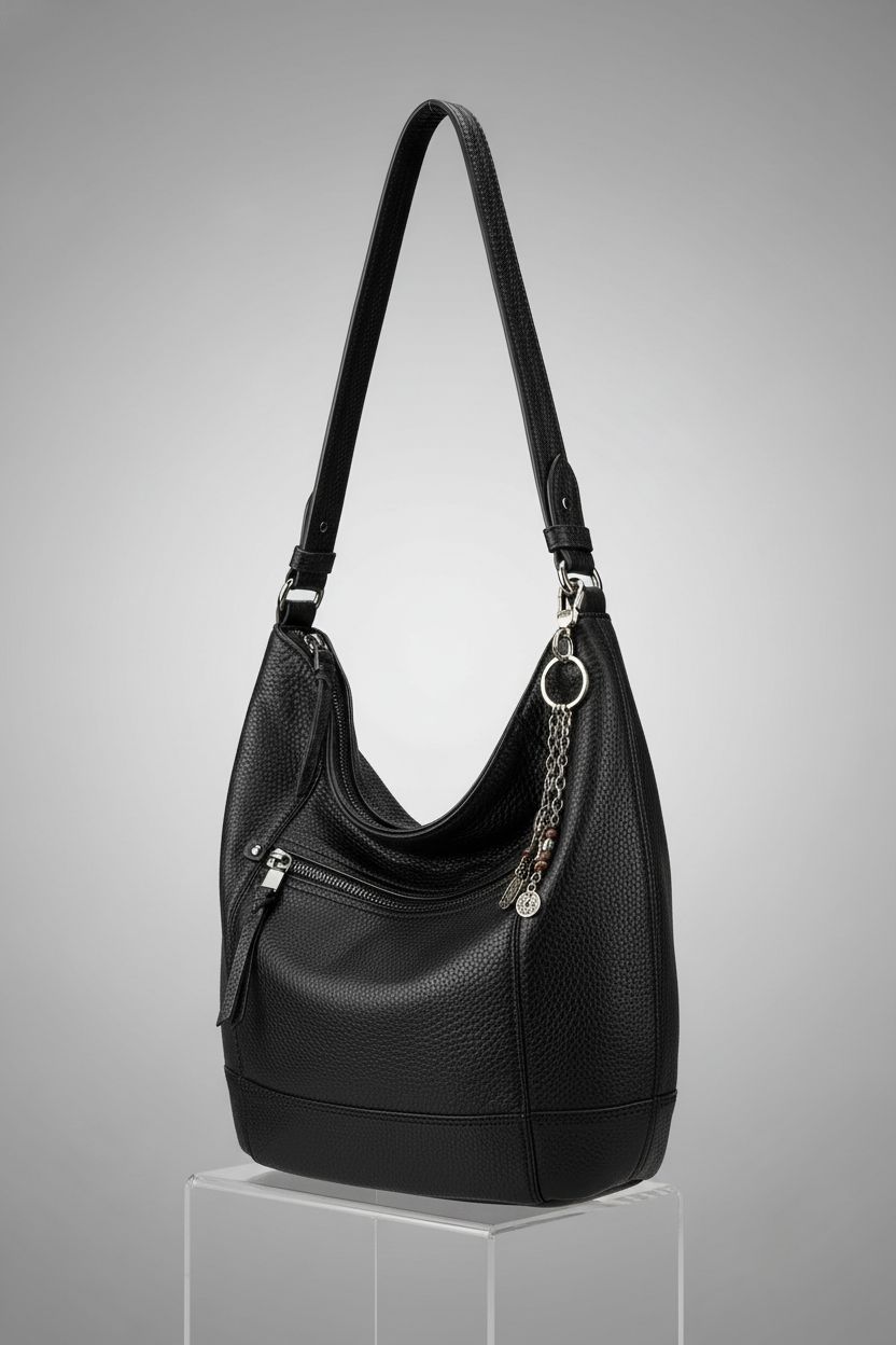 The Sak black hobo bag on a minimalist studio set, emphasizing its sleek design.