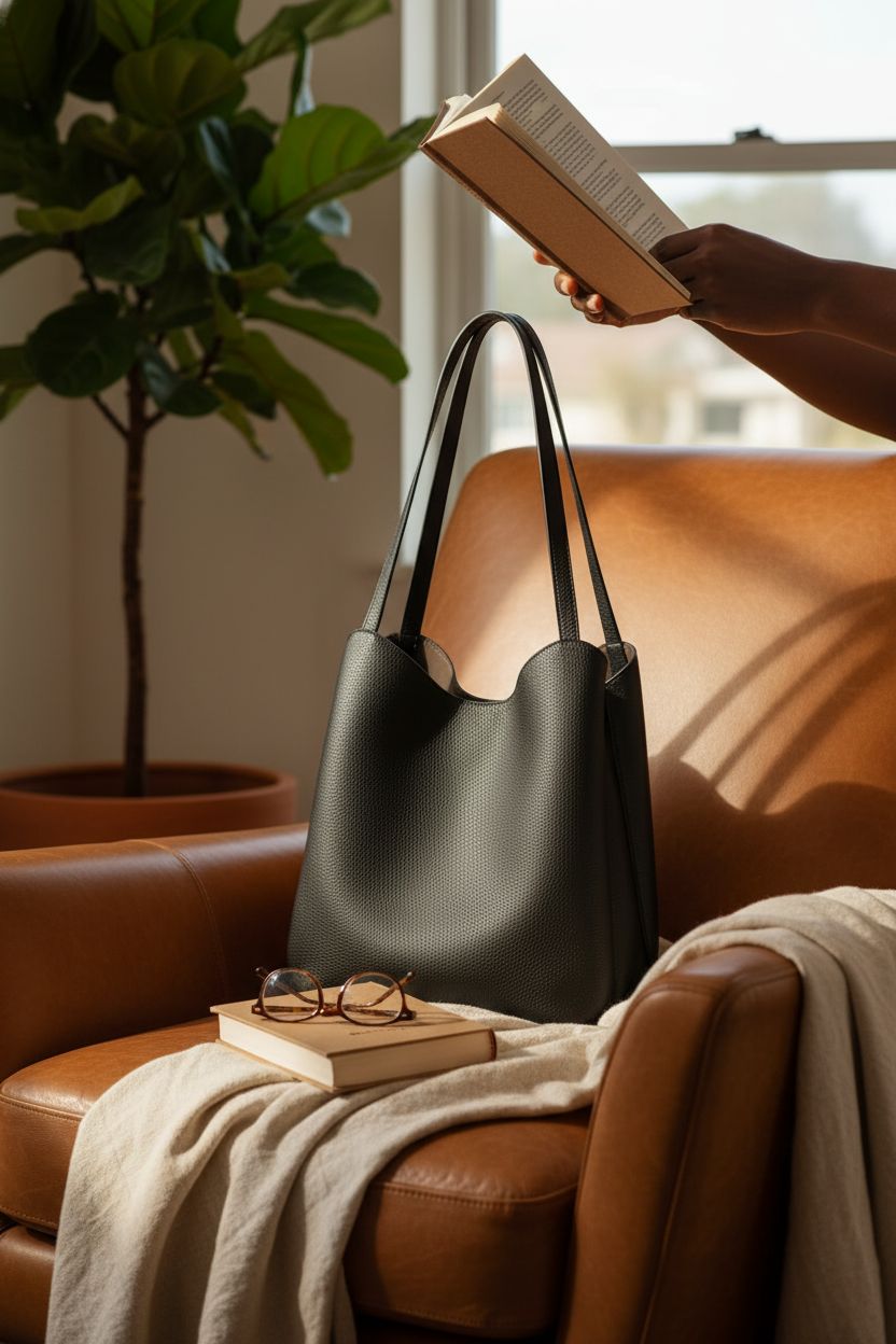 S-ZONE black leather tote in a cozy reading corner, adding elegance to the space.