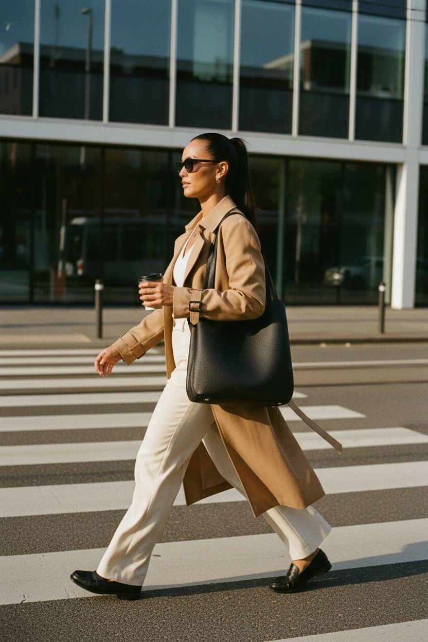 S-ZONE black leather tote bag on shoulder during morning commute, stylish and functional.