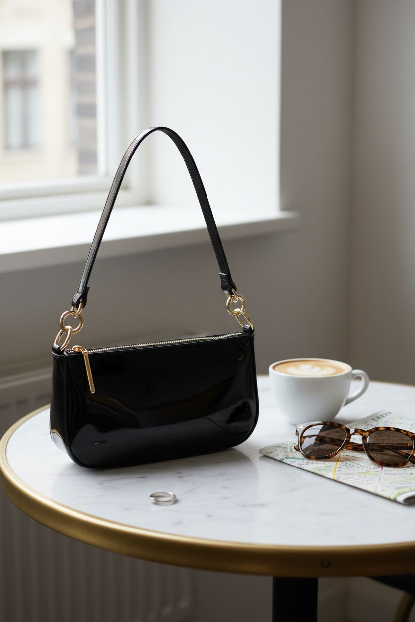 Elegant black patent leather purse by HOXIS on a marble table with a cappuccino.