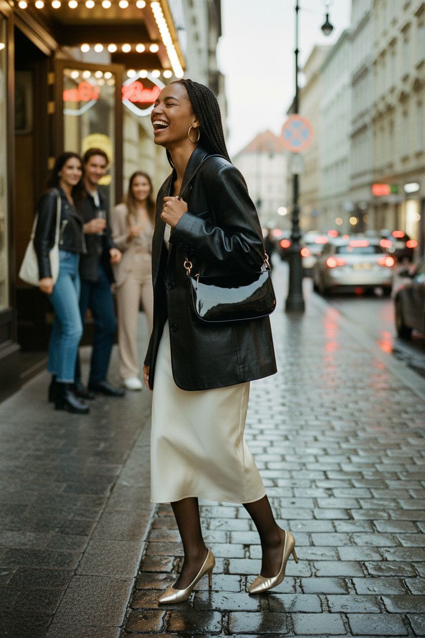 Glossy black patent leather shoulder bag by HOXIS, styled for a night out.