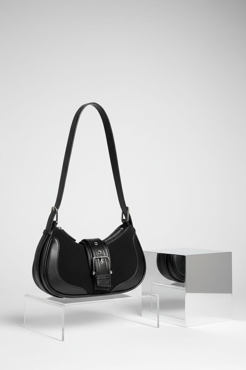 Glamzlele black crescent bag on a studio set highlighting its elegant design.