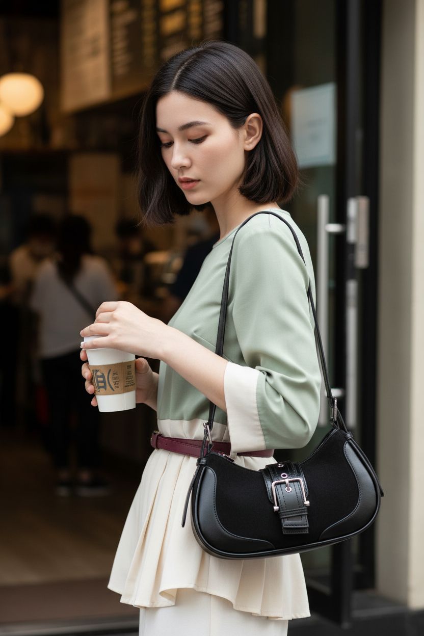 Glamzlele black crescent bag styled underarm with takeaway coffee outside a café.