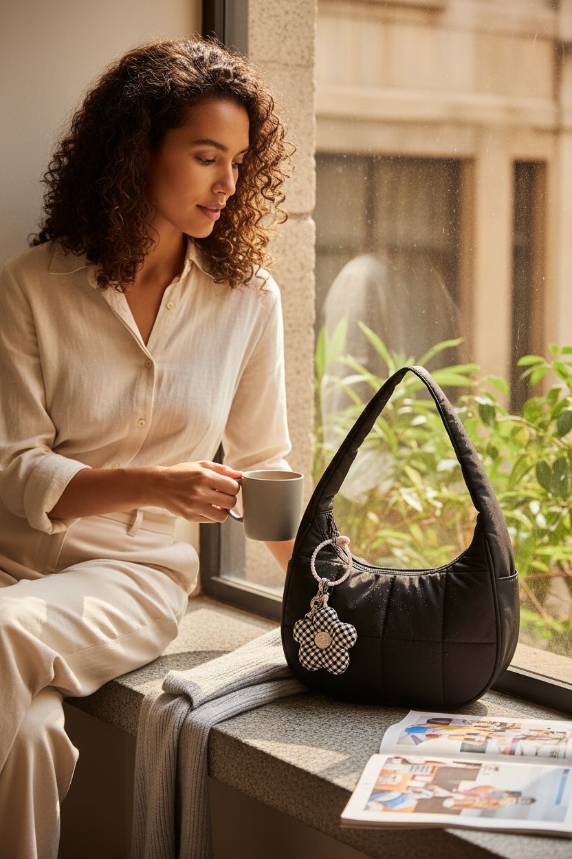 Cozy setting with a black puffer shoulder bag by shoowyees, perfect for weekend relaxation.
