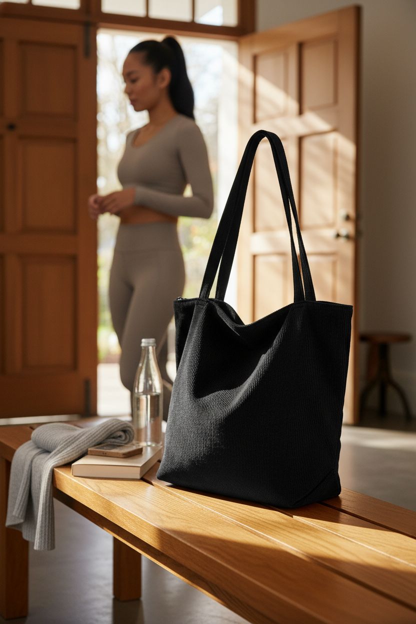 Iioscre black corduroy tote bag beside scarf and book on a warm oak bench, great for grab-and-go errands.
