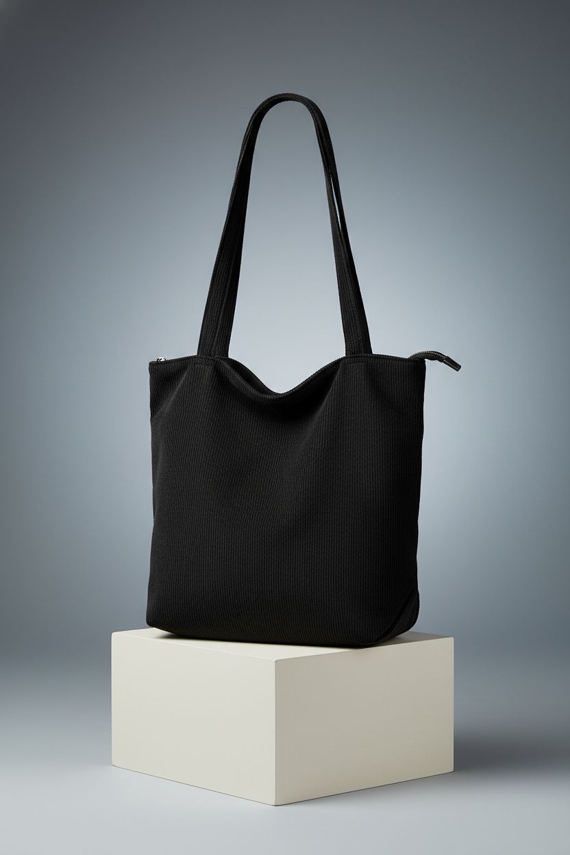 Iioscre black corduroy tote bag showcased against a gray background, highlighting its design and texture.